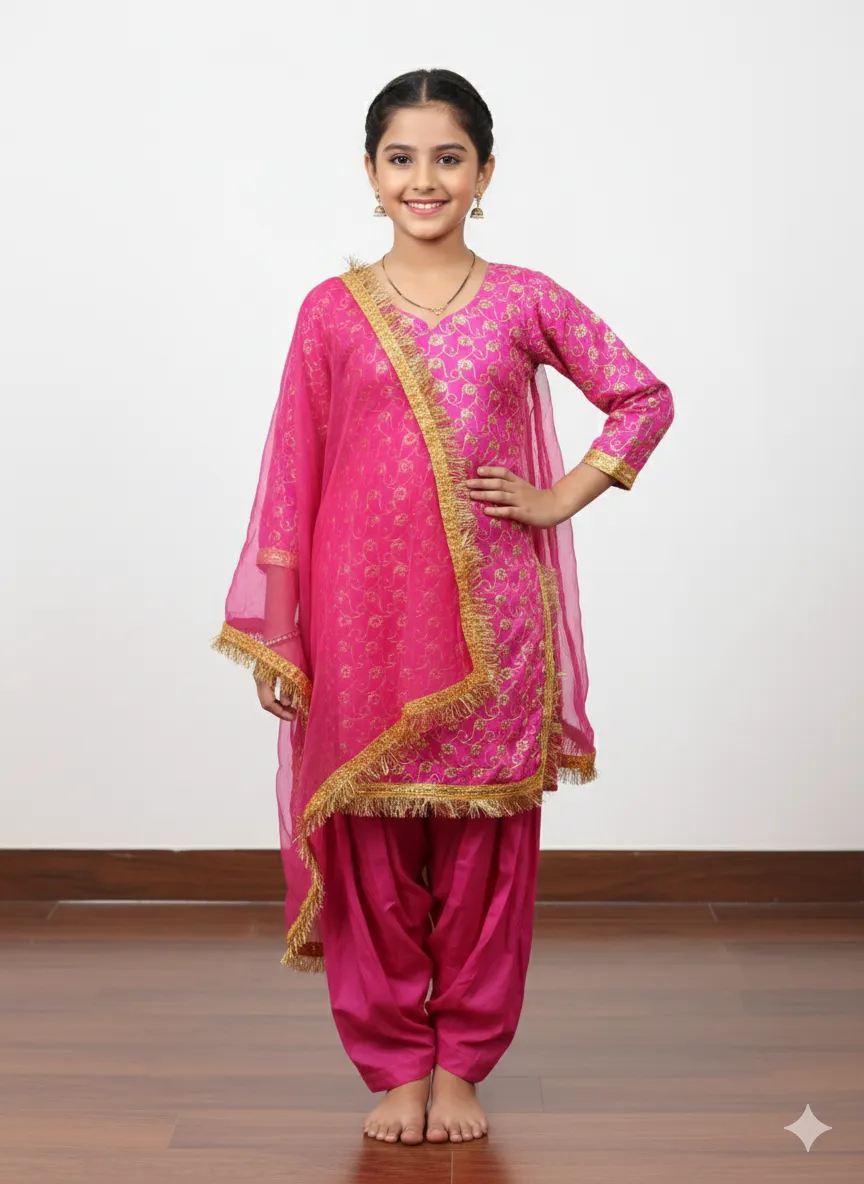 Girl's Punjabi Patiala Suit with Golden Embroidery for School Dance, Annual Day & Cultural Events - Pink & Gloden