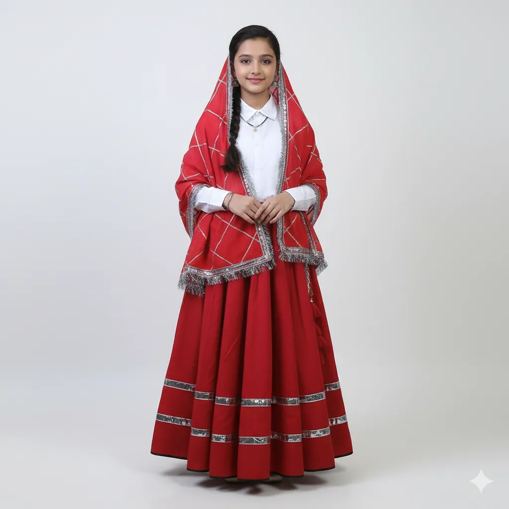 Girl's Punjabi Giddha & Folk Dance Costume - Red & White