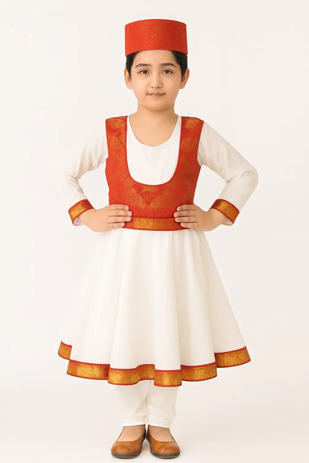 Girl's Anarkali Dress with Red Border - White & Red