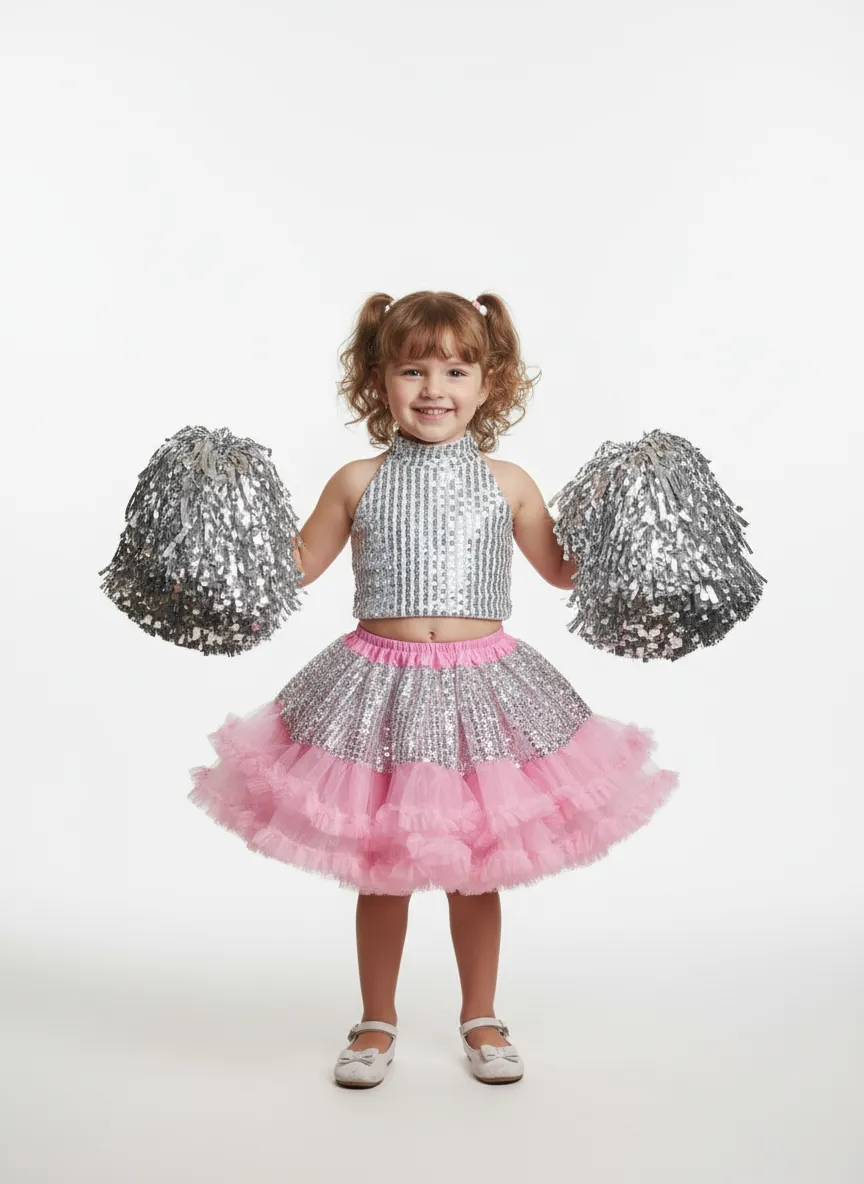 Girl's Silver & Pink Cheerleader Dance Costume - Silver & Pink