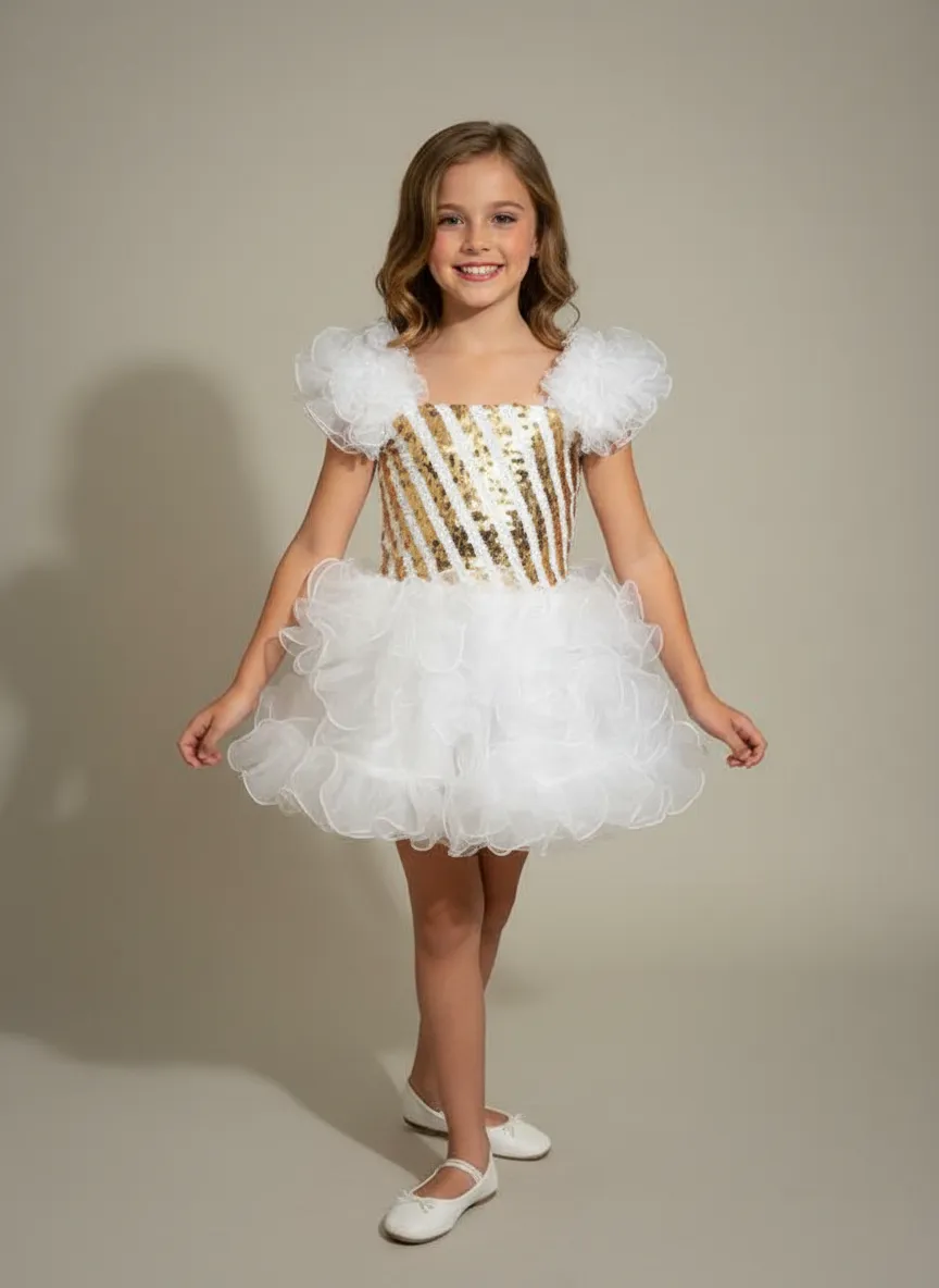 Girl's Sequin Party Dance Costume - White & Gold