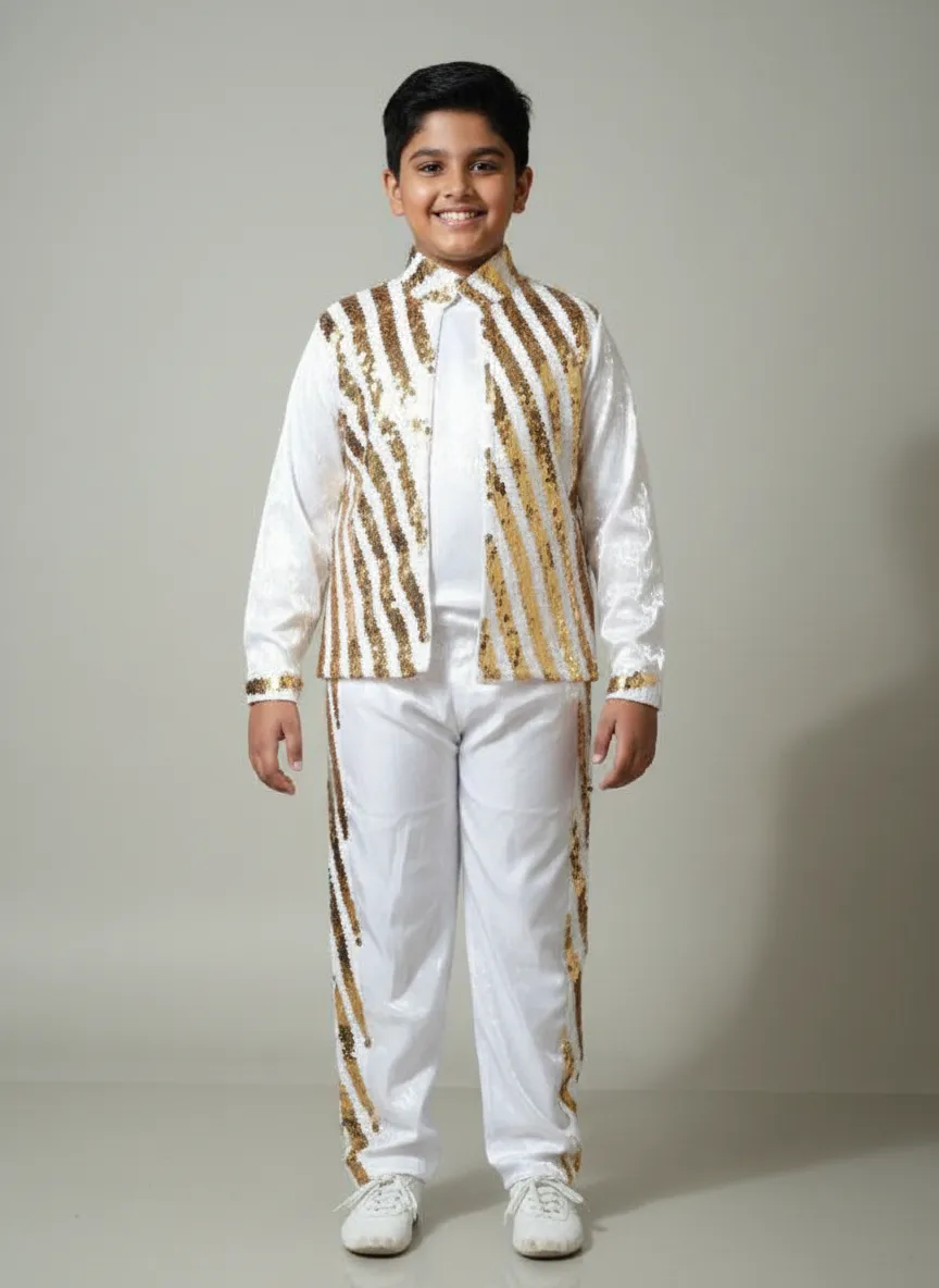 Boy's Sequin Party Dance Costume - White & Gold