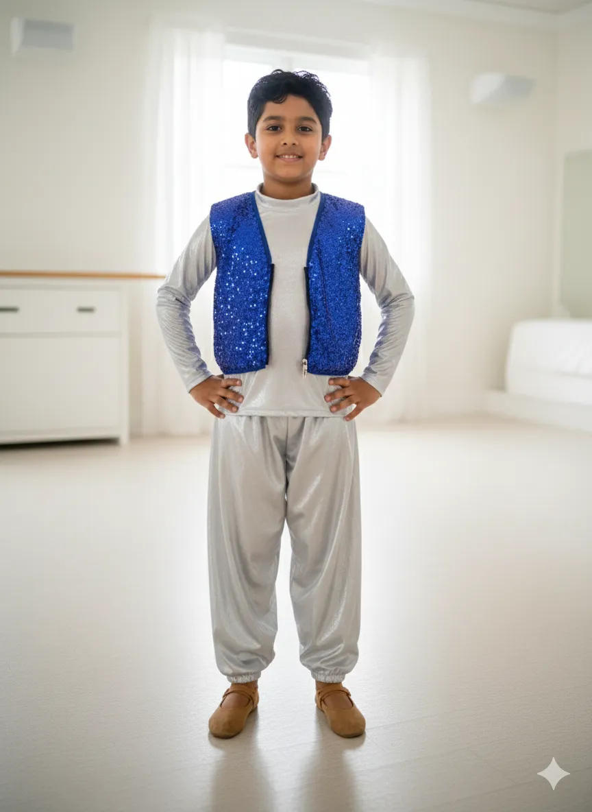 Boy's Blue Sequin Jacket with Silver Kurta Pajama Dance Costume - Blue & White