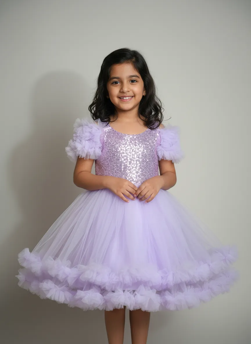 Girl's Lavender Sequin Tulle Party Dress - Lavender