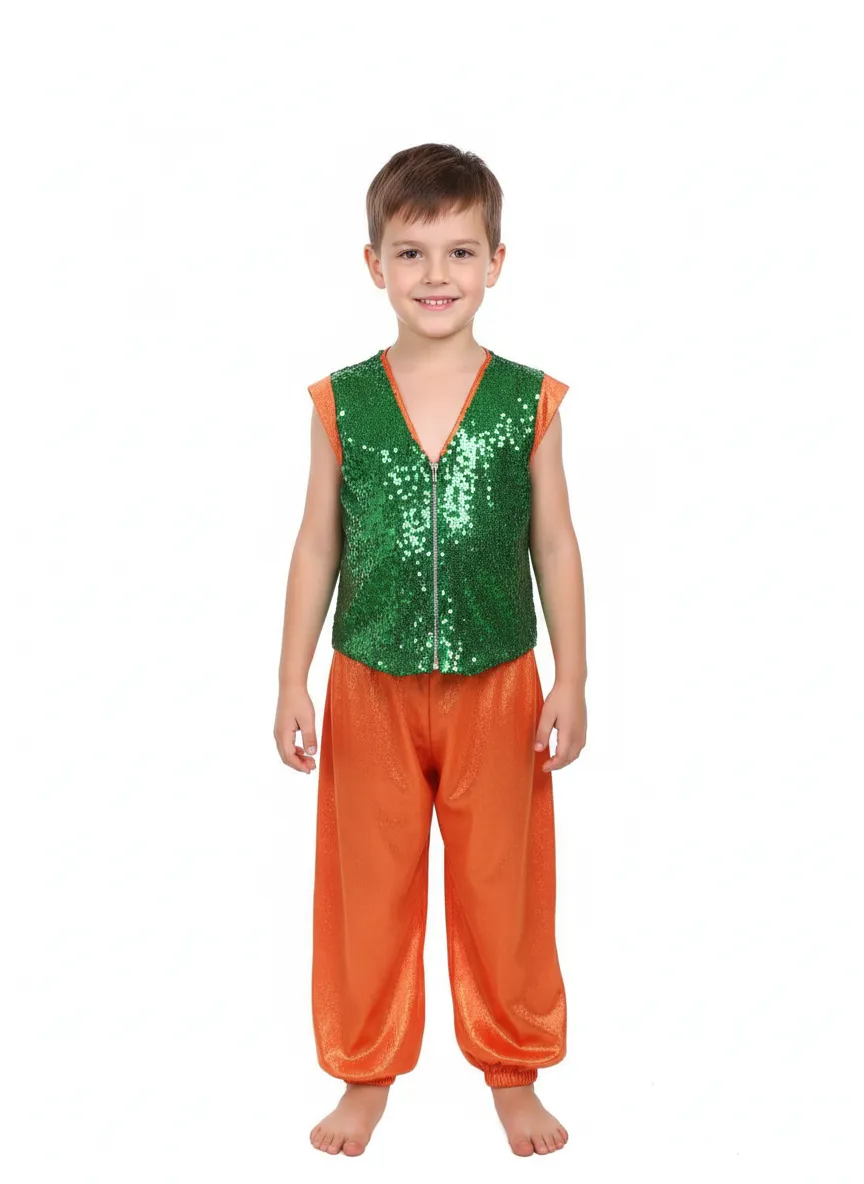 Boy's Sequin Vest with Dhoti Pants - Green & Orange