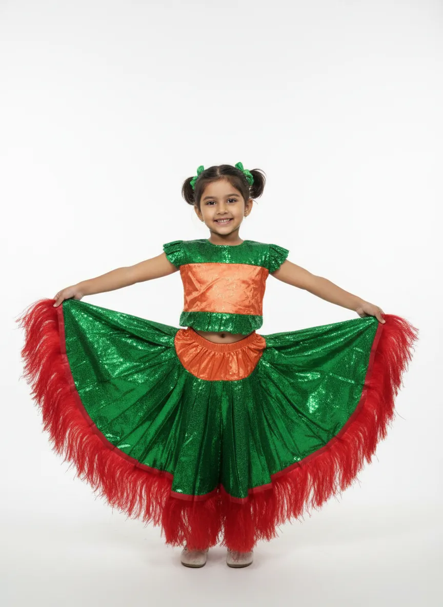 Girl's Flared Skirt & Crop Top Sequin Dance Costume - Green & Orange
