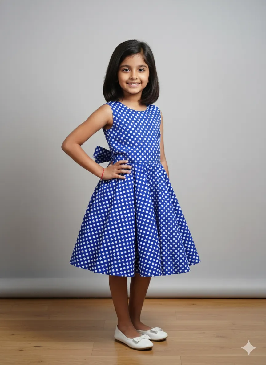 Girl's Sleeveless Blue Polka Dot Frock - Blue
