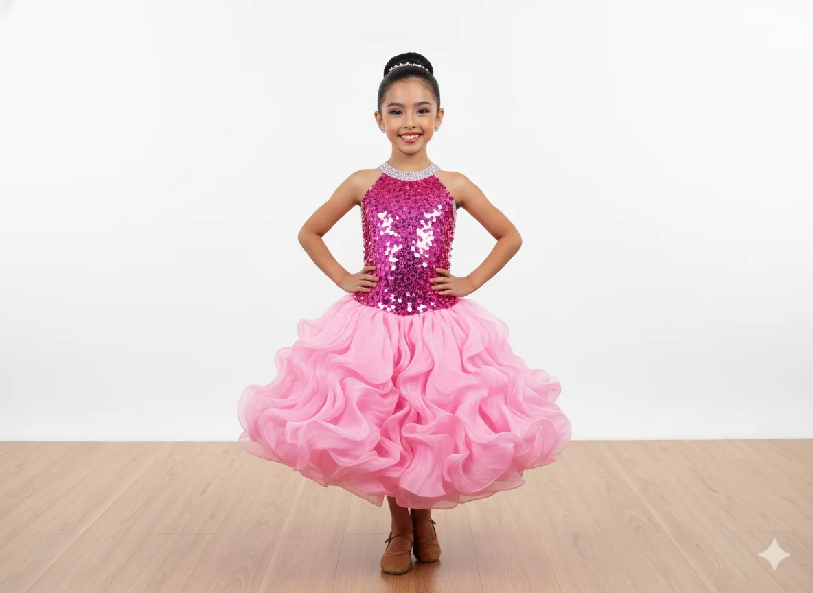 Girl's Pink Sequin Dance Performance Gown - Pink