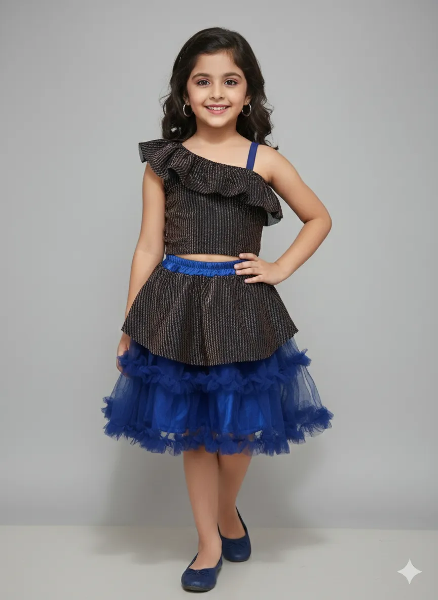 Girl's Stylish One-Shoulder Party Dress Costume - Blue & Black