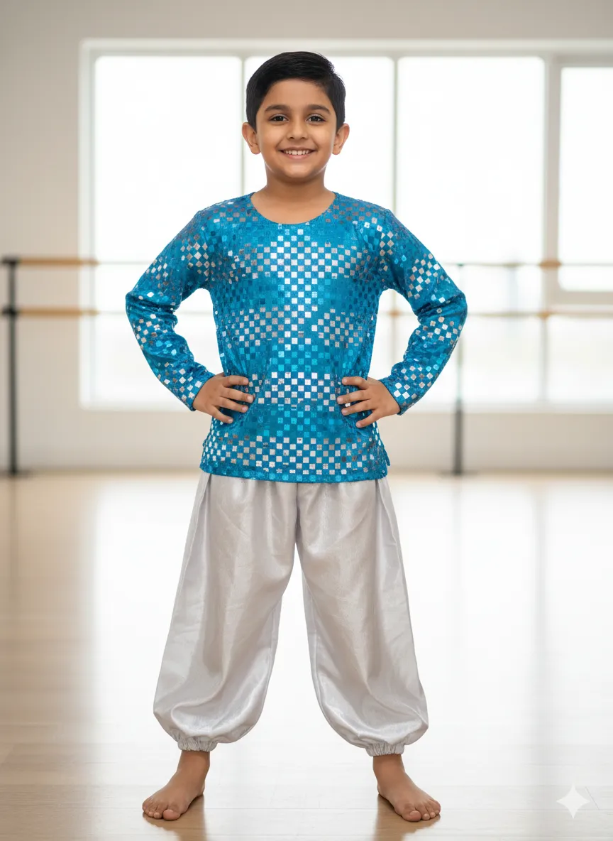 Boy's Blue Sequin Dance Costume with heram Pants - Blue & Silver