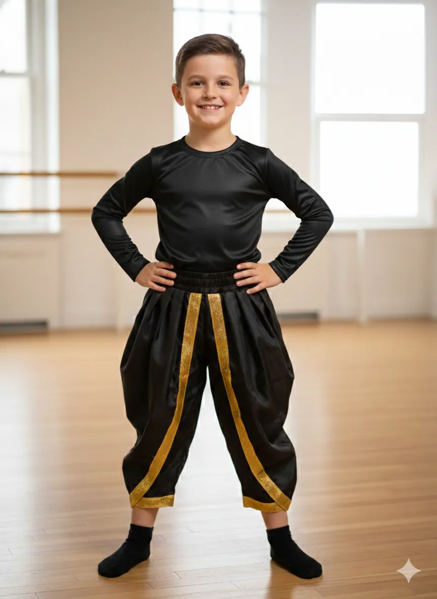 Boy's Gold & Black Dance Dhoti &  Golden T-shirt Costume - Gold & Black