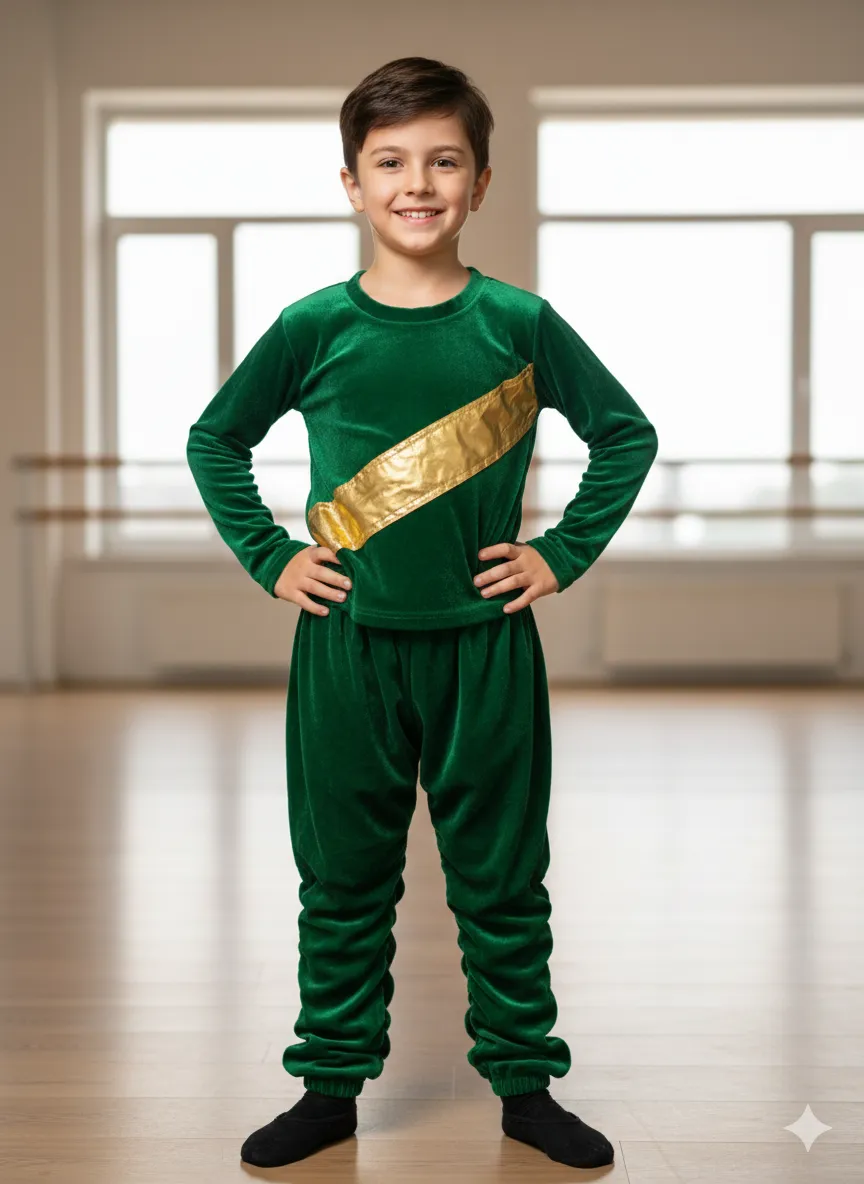 Boy's Green Velvet Dance Costume with Golden Sash - Green & Golden