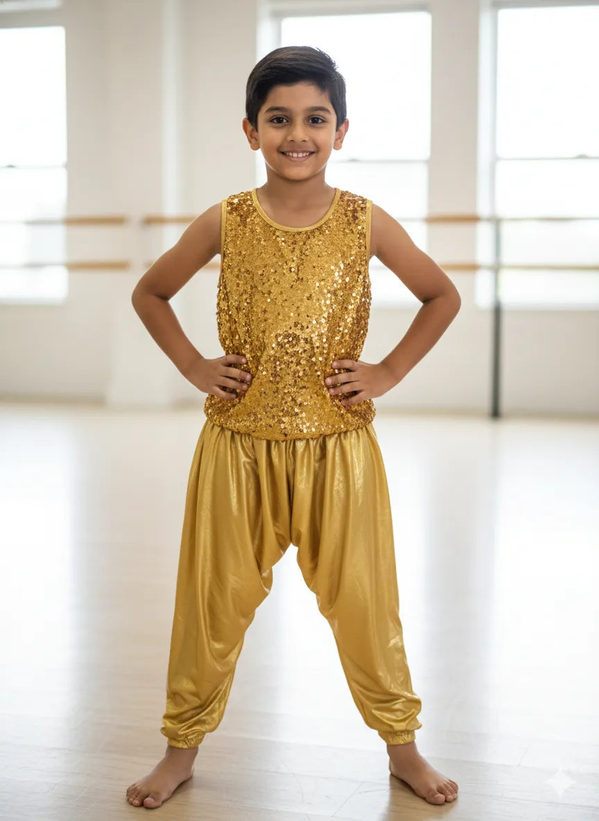 Boy's Golden Sequin Dance Costume with Harem Pants - Golden