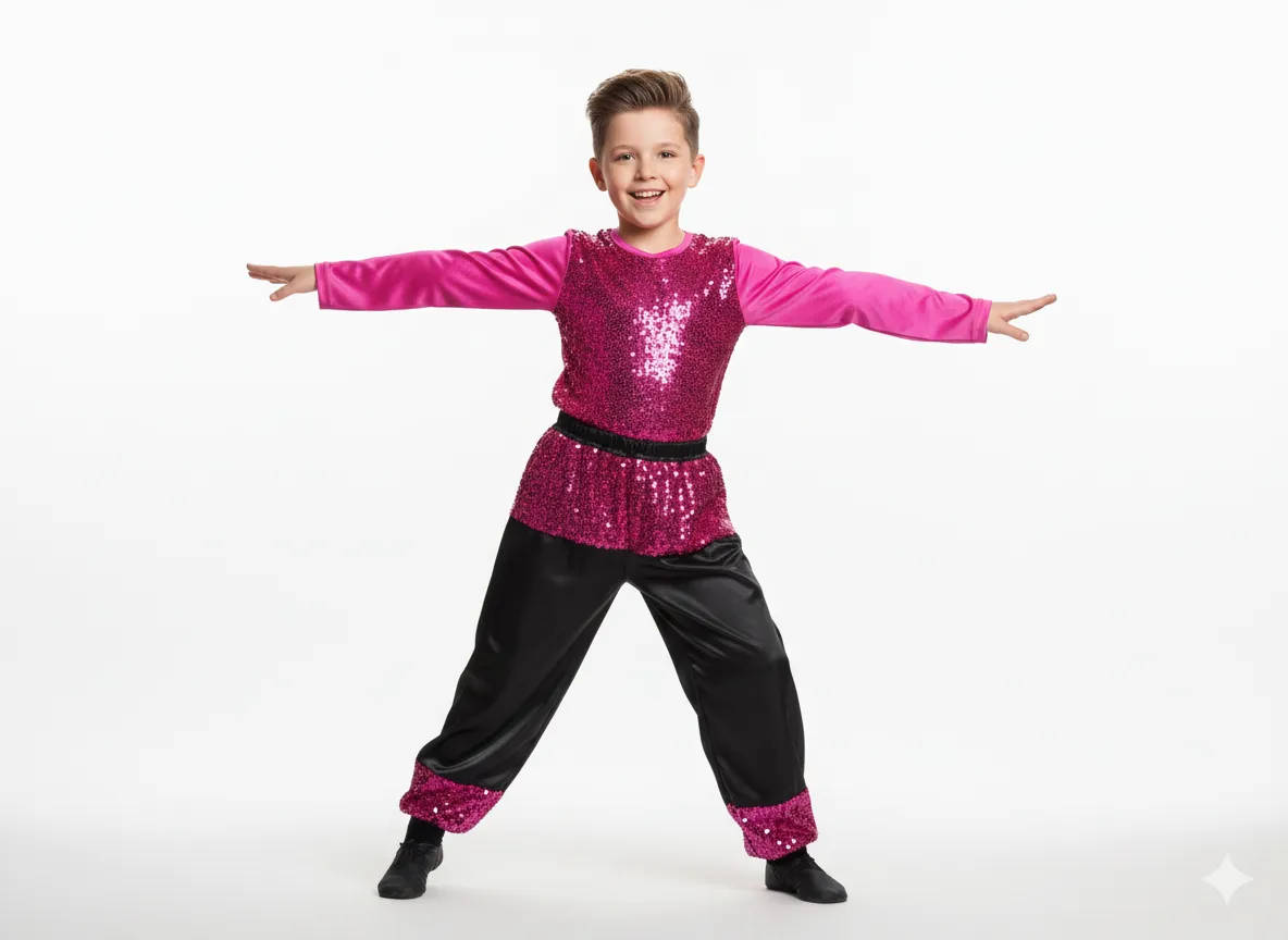 Boy's Pink Sequin Dance Costume with Black Pants - Pink & Black