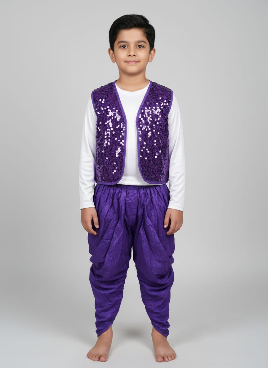 Boys Purple Dhoti Kurta Set with Sequin Jacket - Purple & White