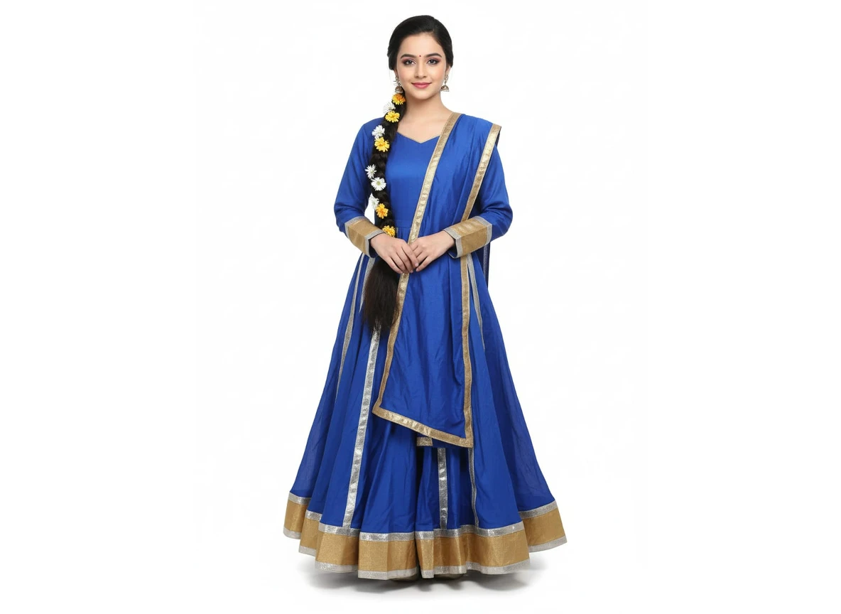 Girl's Anarkali Dress with Golden Border - Blue & Golden